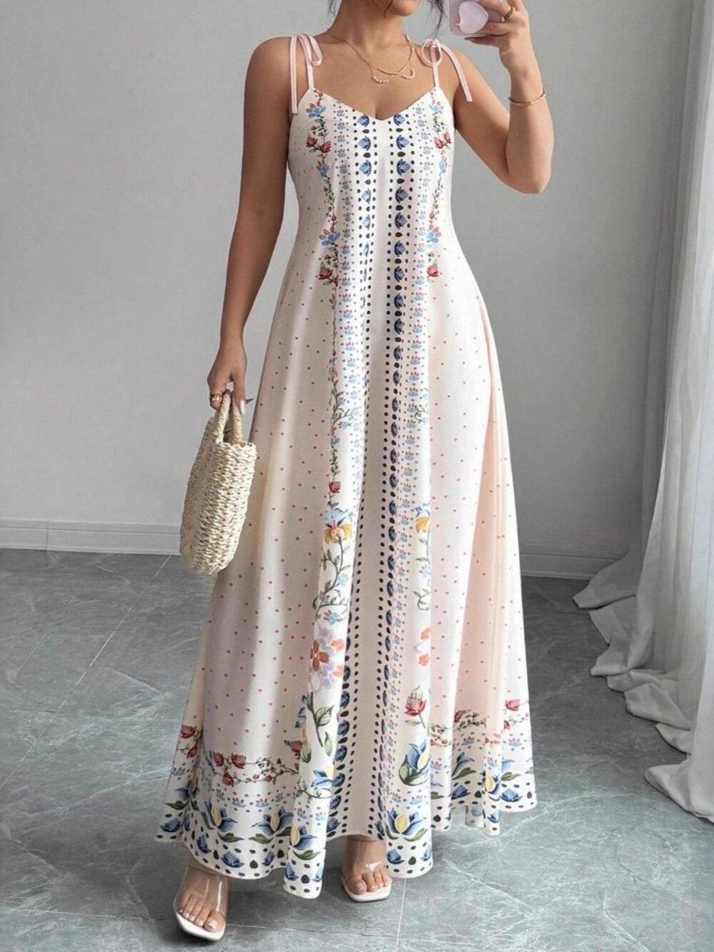 2/$45 NWT Floral V-Neck Maxi Dress White Ivory Boho Summer A-Line Size L